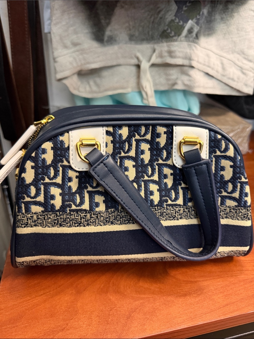 Navy and Cream Jacquard Dome Satchel